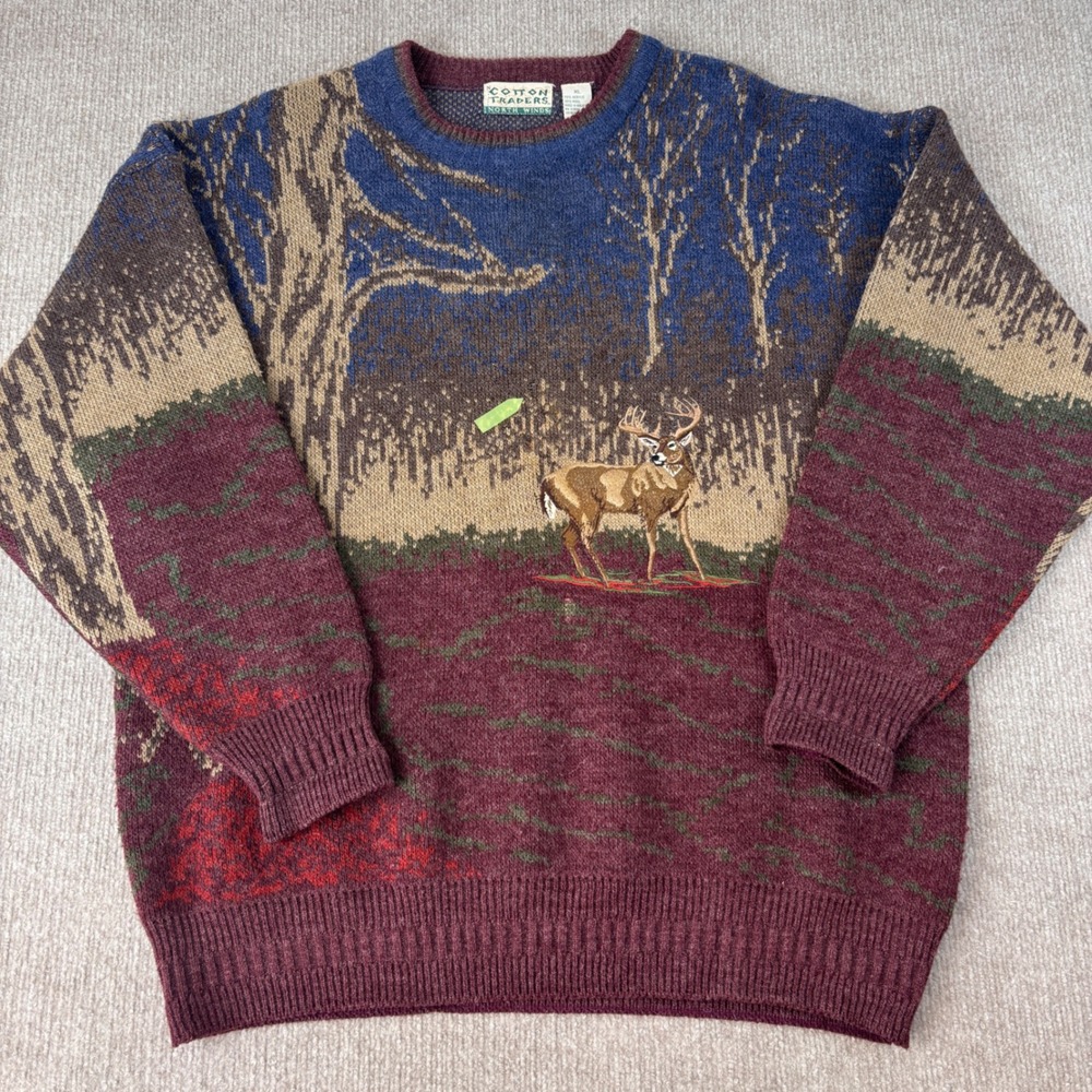 Cotton Traders North Winds Mens XL Vintage Deer Scenic Wool Blend Knit Sweater